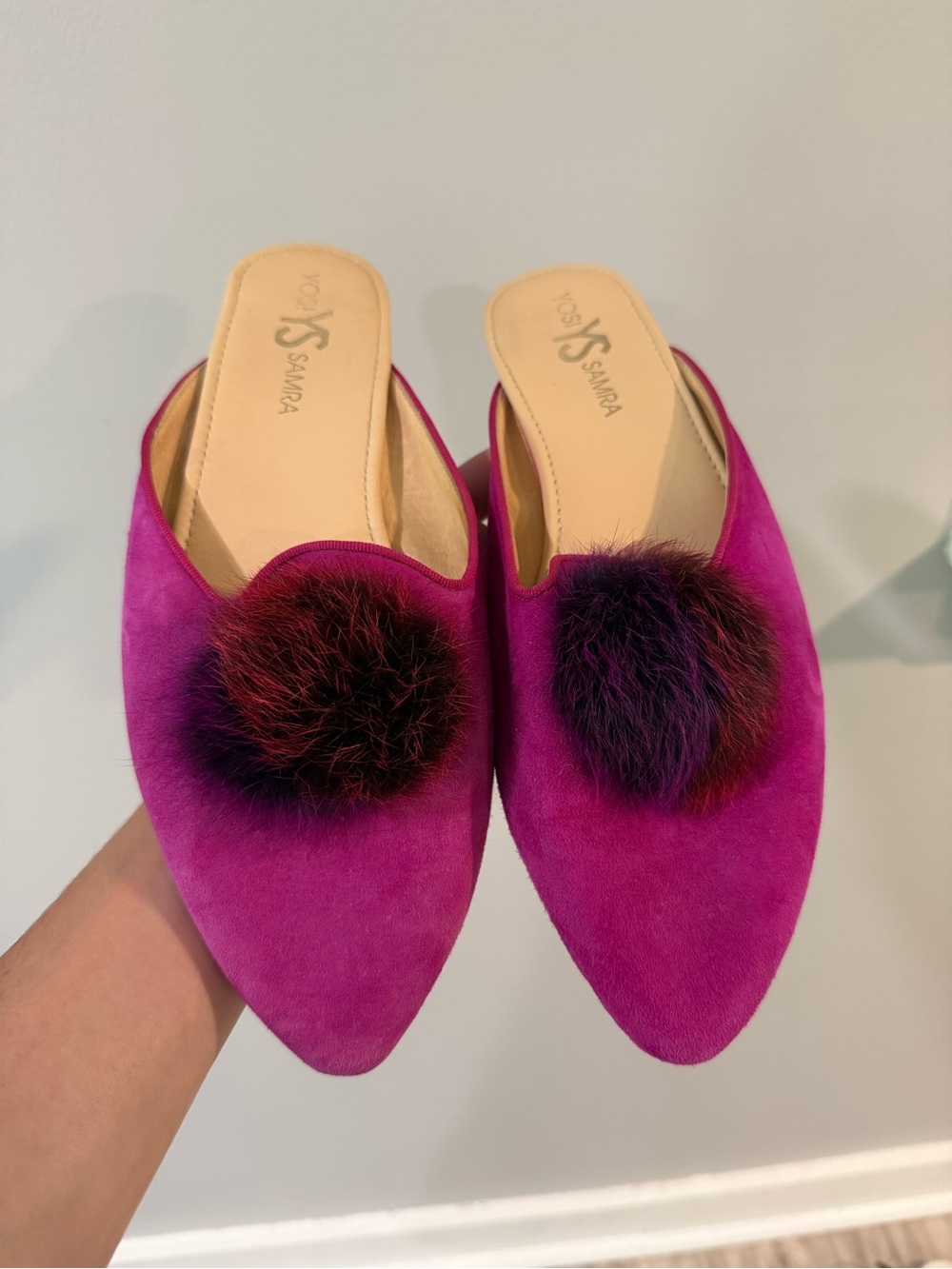 Yosi Samra Magenta Suede Pom-Pom Mules